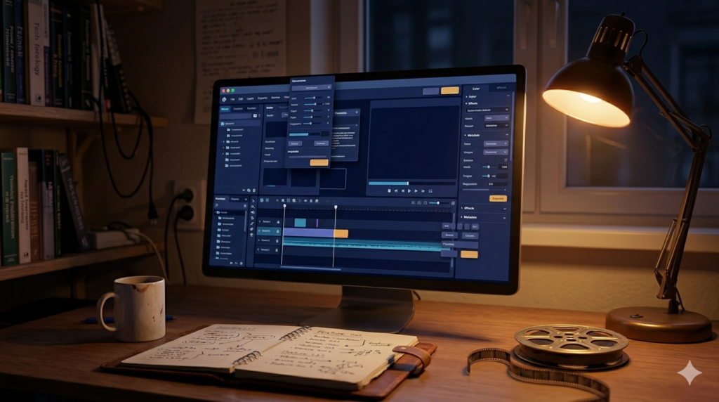 A developer's night desk with a monitor showing a cluttered homemade Python video tool
