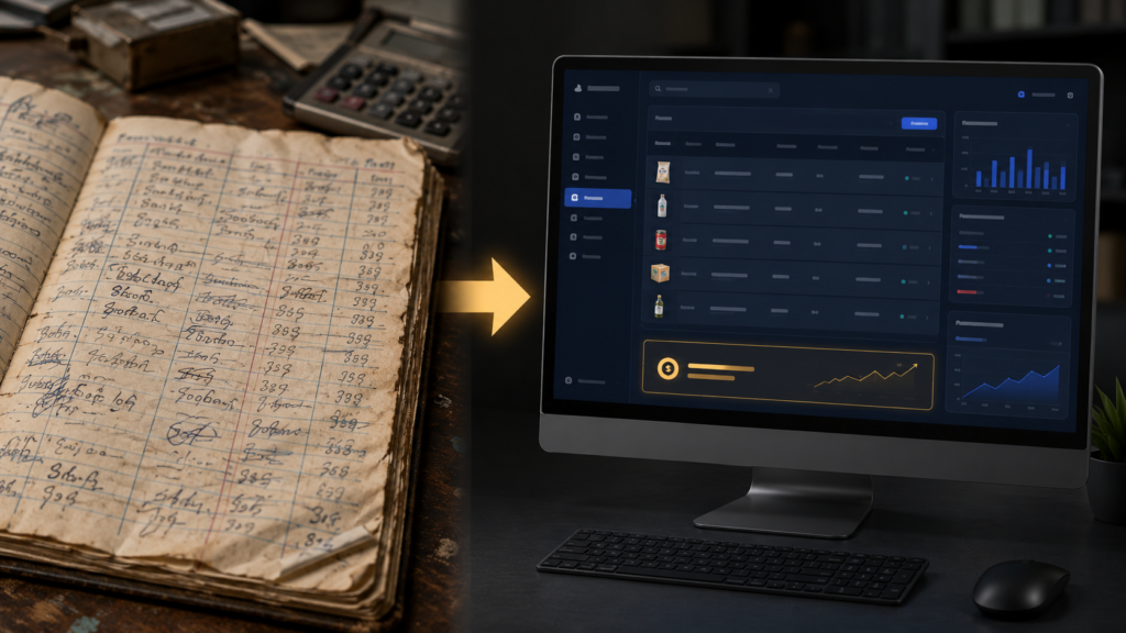 A progression from a paper register to finished shop software showing billing and a profit figure