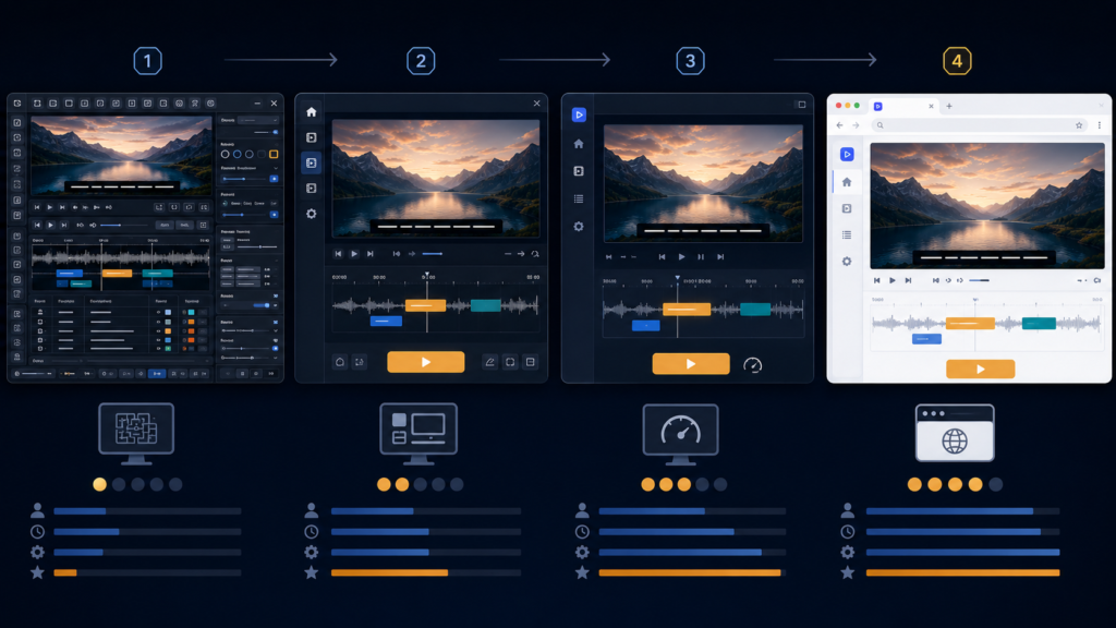 An evolution lineup of the app interface from a cluttered first build to a clean browser based version