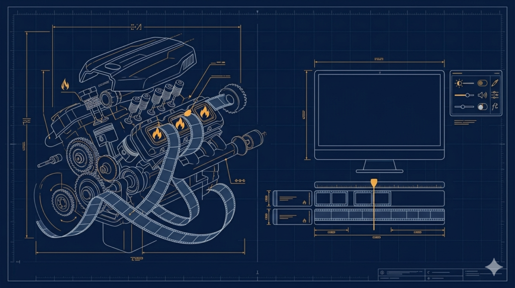 A blueprint-style diagram of a rebuilt engine scanning a film strip and marking scene changes