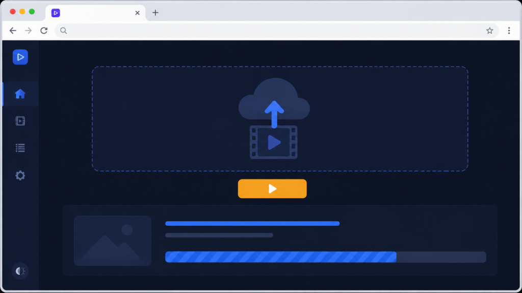 A browser window containing the video tool as a web app with an upload area, process button, and progress bar