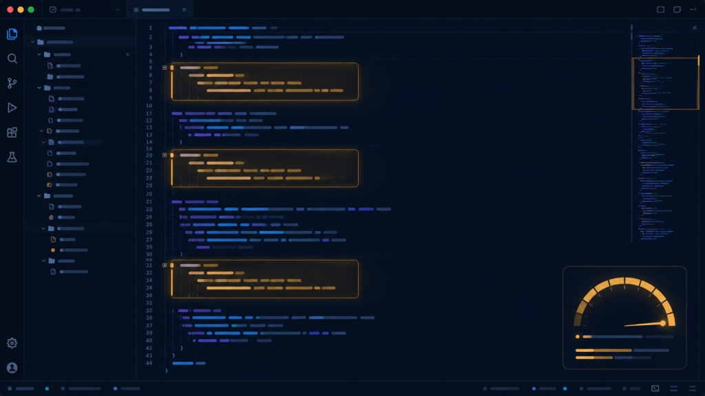 A code editor showing compact tidy code with reusable functions and a meter near a size limit