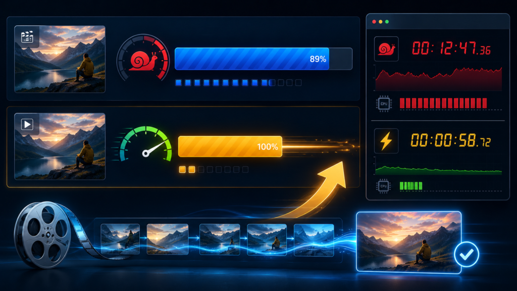 A performance comparison showing a slow processing bar beside a much faster optimized bar with a timer
