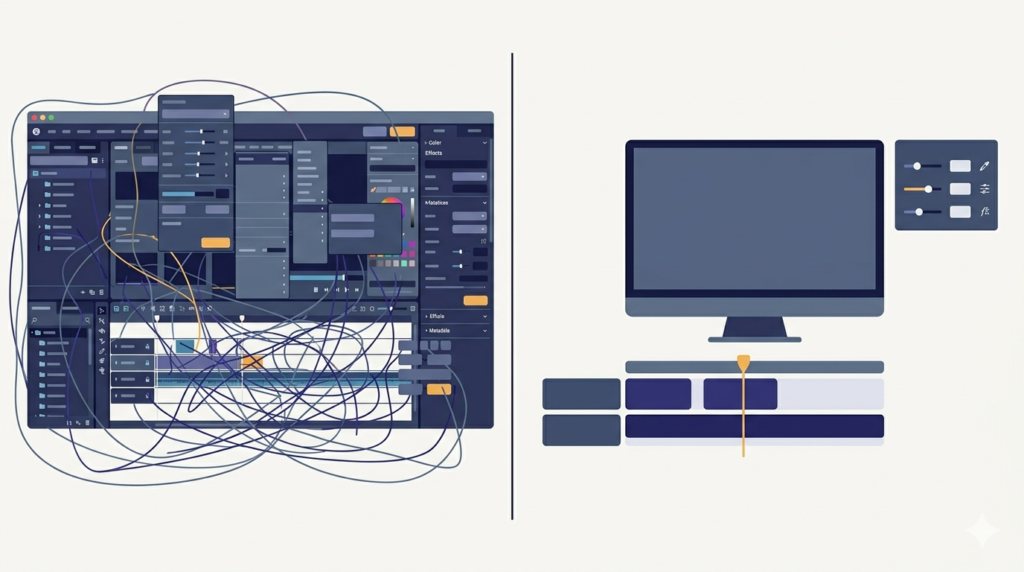 A flat illustration contrasting a cluttered app interface with a clean simplified one after removing features