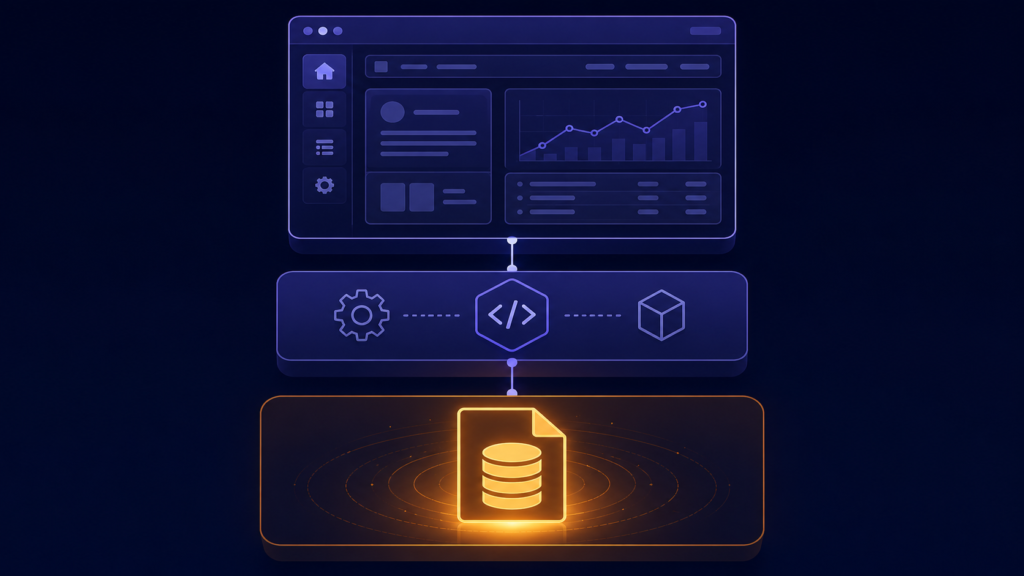 A stack diagram of a desktop app built on a language engine with a single database file at its base