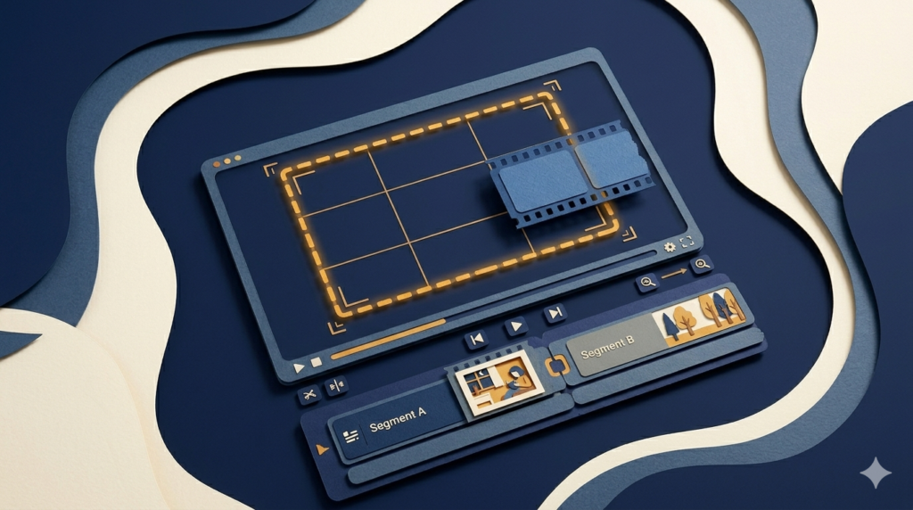 A design canvas showing a clip placed in a branded frame with a preview outline and a second video joined after