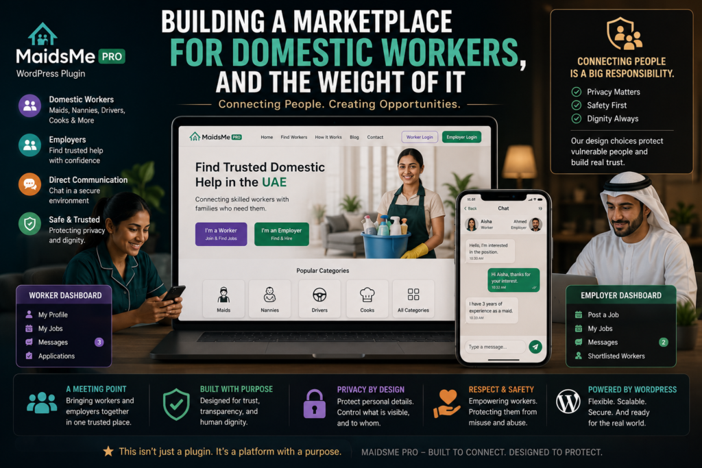 Illustration of the MaidsMe Pro WordPress marketplace platform connecting domestic workers and employers with a focus on trust, privacy, and safety.