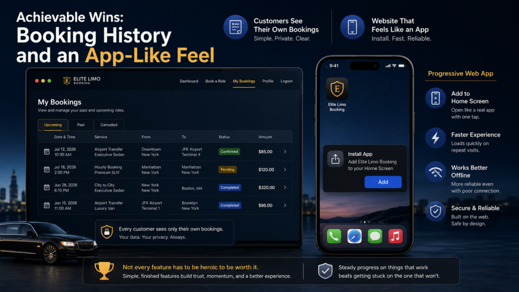 Elite Limo Booking dashboard showing a customer's booking history alongside a Progressive Web App installation on a smartphone for an app-like booking experience.