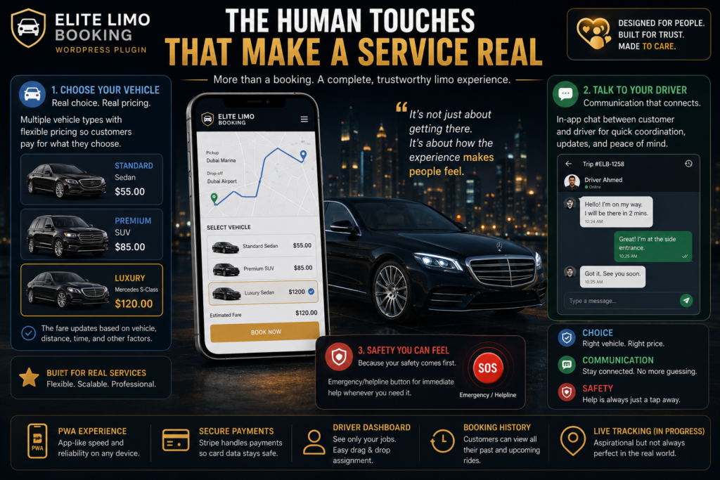 Illustration showing the Elite Limo Booking WordPress plugin with vehicle selection, customer-driver chat, safety features, and a premium ride booking experience.
