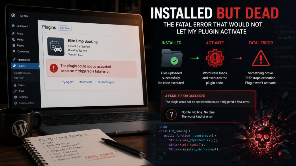 WordPress plugin activation screen showing a fatal error for the Elite Limo Booking plugin with install to activate failure diagram