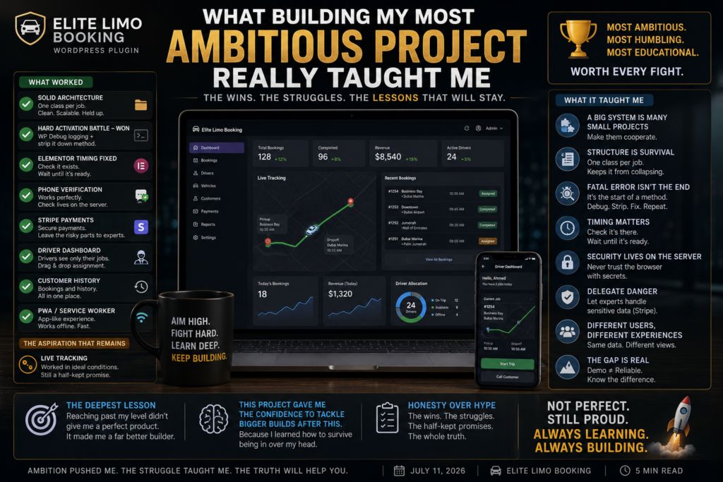 Illustration summarizing the Elite Limo Booking WordPress plugin project, highlighting architecture, debugging, Stripe payments, phone verification, and lessons learned from building a large-scale plugin.