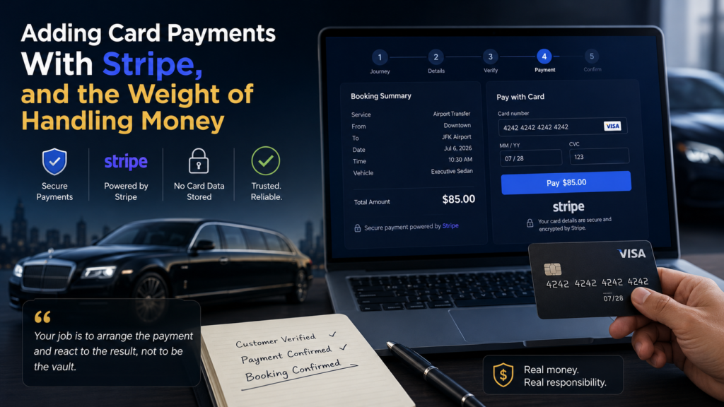 Secure Stripe card payment integration for the Elite Limo Booking system showing safe online payment processing without storing customer card details.