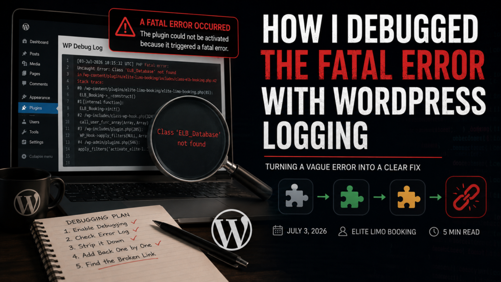 How I debugged a WordPress plugin fatal error using WP_DEBUG logging and the debug log to identify a class loading issue.